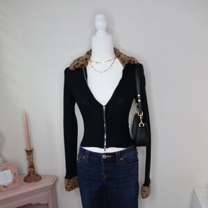 Y2K Adika Cheetah Fur Collar and Cuffs Black Zip up Cardigan Sweater Size Small